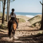Balade à cheval en camargue : cavalière guide cheval vers la plage