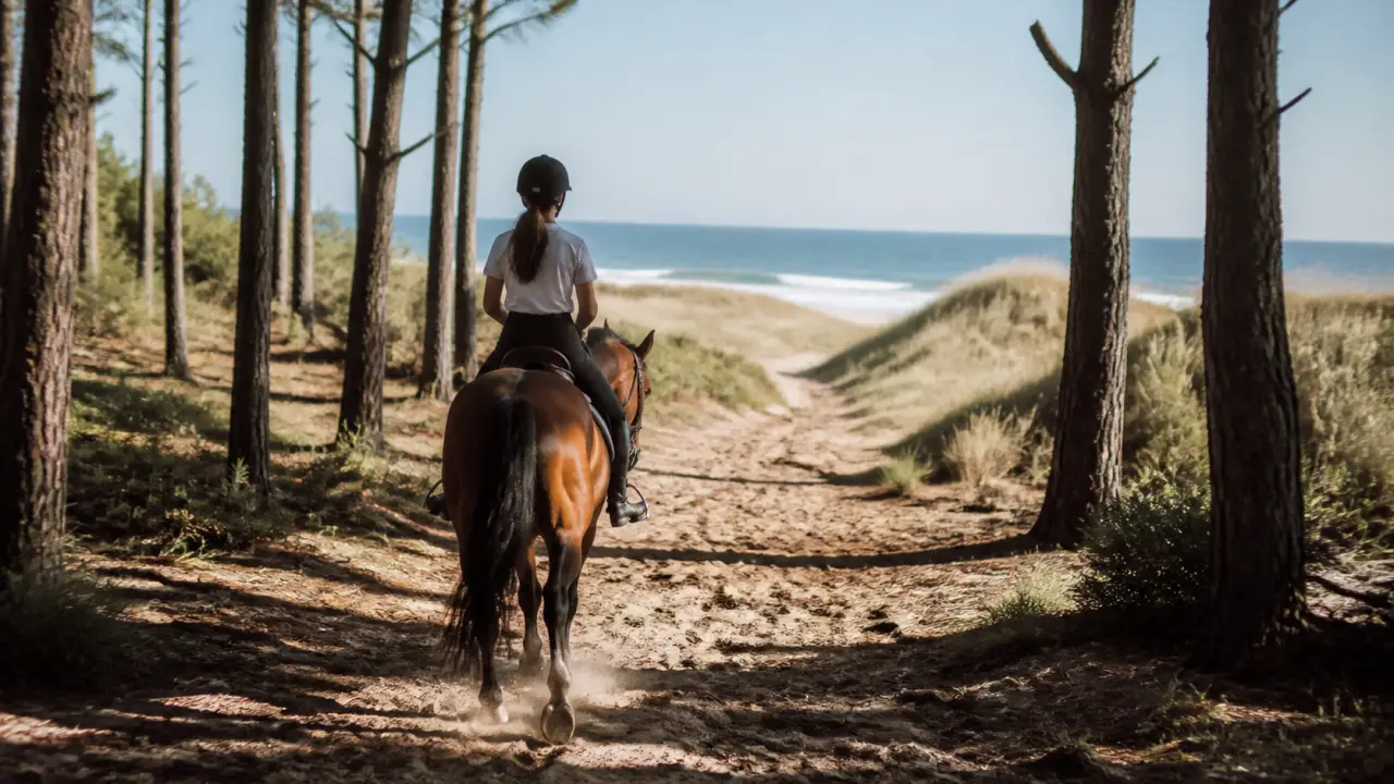 Balade à cheval en camargue : cavalière guide cheval vers la plage