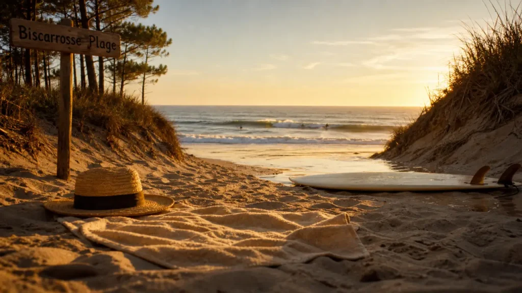 Biscarrosse plage : serviette sur le sable vers l’océan au coucher du soleil