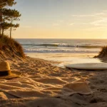 Biscarrosse plage : serviette sur le sable vers l’océan au coucher du soleil