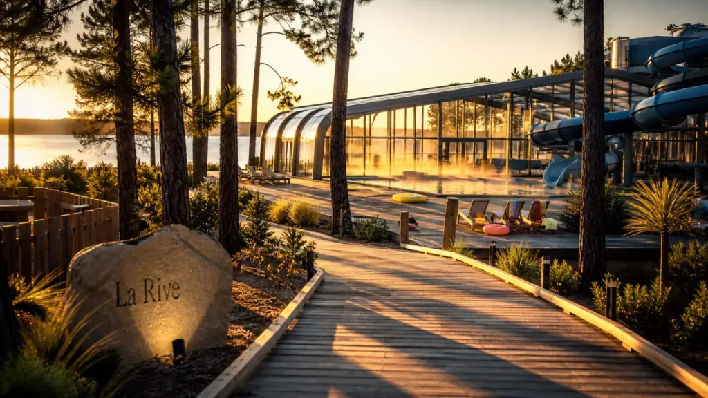 Camping la rive biscarrosse : piscine couverte et lac au coucher du soleil