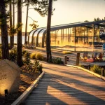 Camping la rive biscarrosse : piscine couverte et lac au coucher du soleil