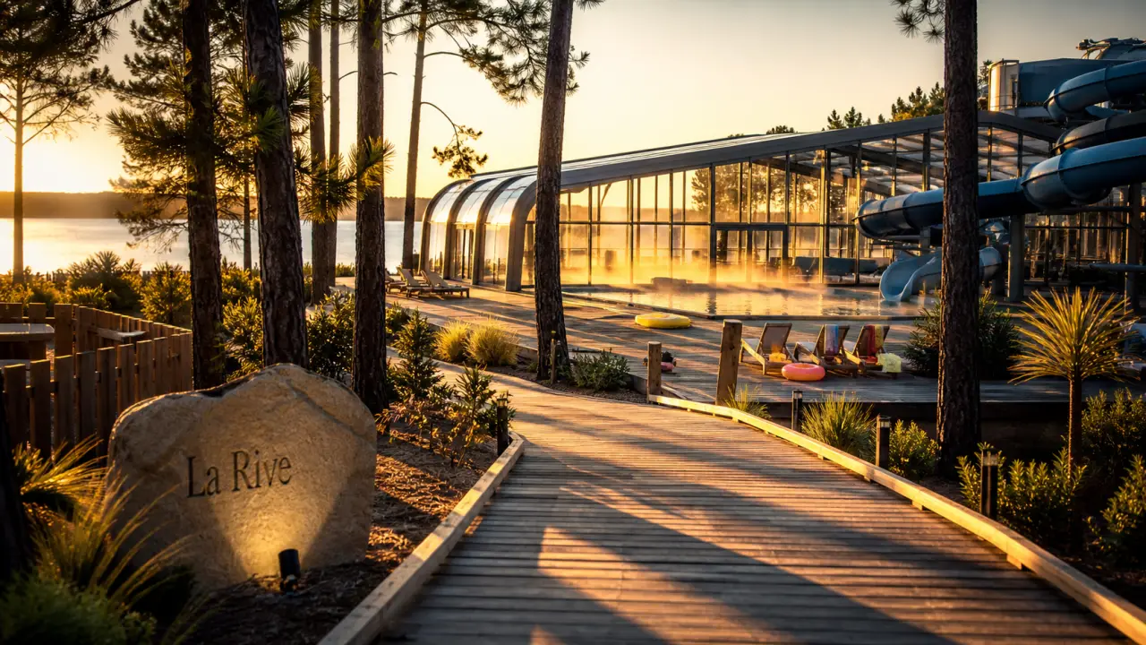 Camping la rive biscarrosse : piscine couverte et lac au coucher du soleil