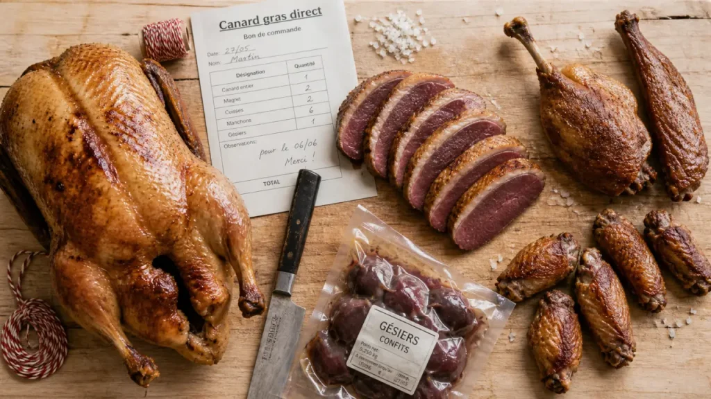 Canard gras vente directe, entier et sous vide en cuisine