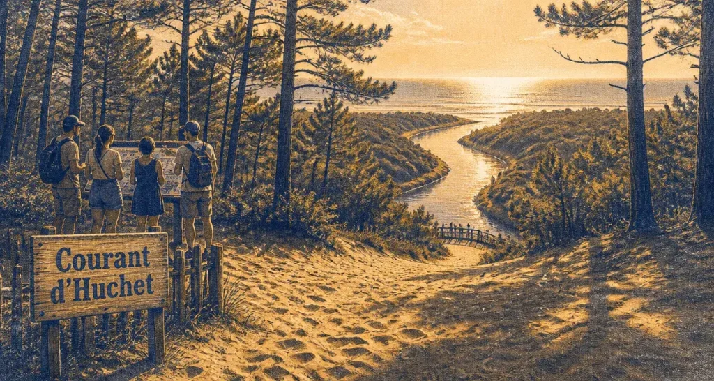 Choses a visiter dans les landes : sentier dans les dunes boisées et pins, près du Courant d’Huchet