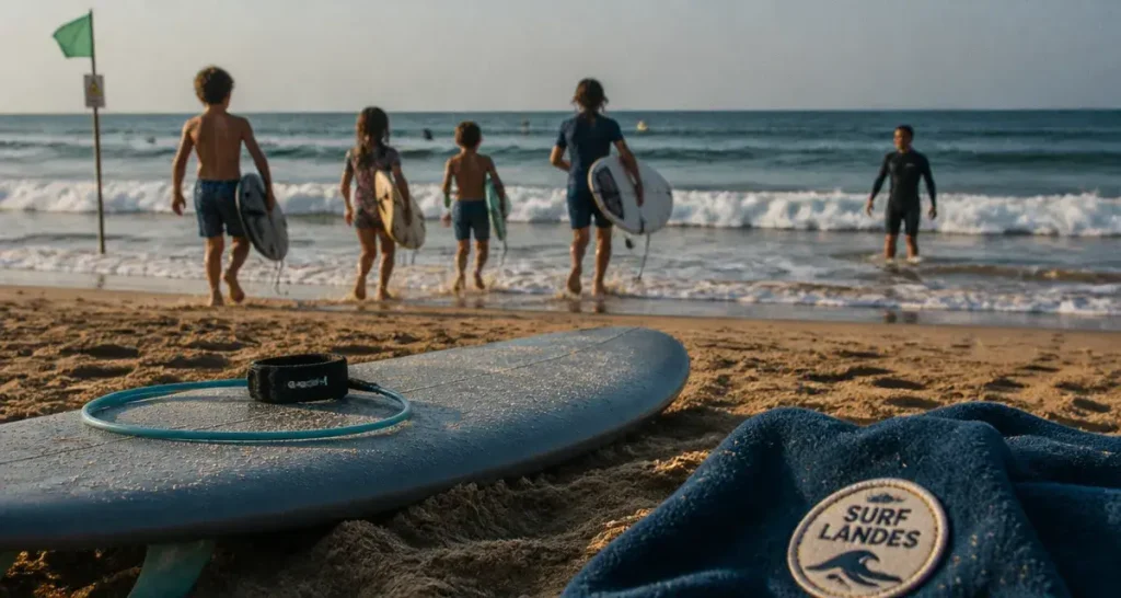 Colonie de vacances surf landes : enfants et moniteur en bord de mer