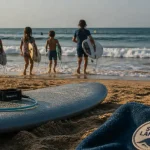 Colonie de vacances surf landes : enfants et moniteur en bord de mer