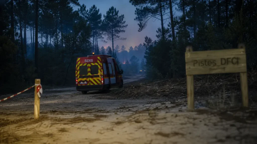 DFCI landes : ruban DFCI et camion pompiers SDIS sur piste forestière