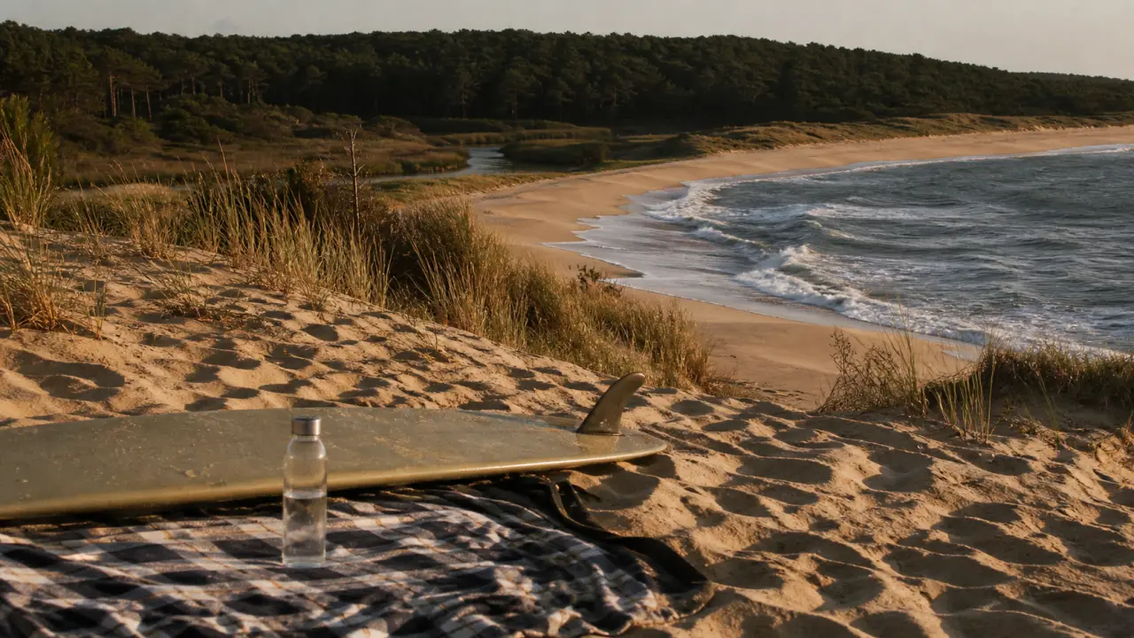 Endroit a visiter dans les landes : plage aux dunes, océan Atlantique et traces de pas