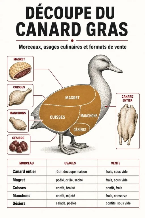 Canard gras vente directe : comparaison visuelle des morceaux, formats et usages culinaires
