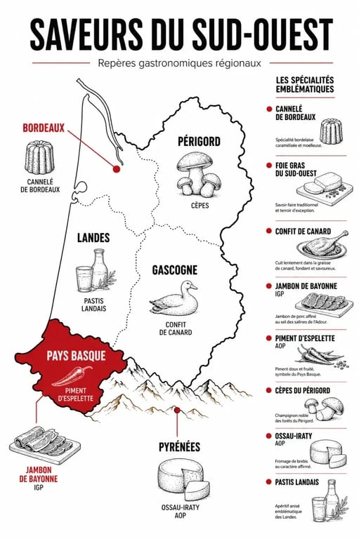 Spécialités sud ouest illustrées par régions sur une carte éditoriale du Sud-Ouest