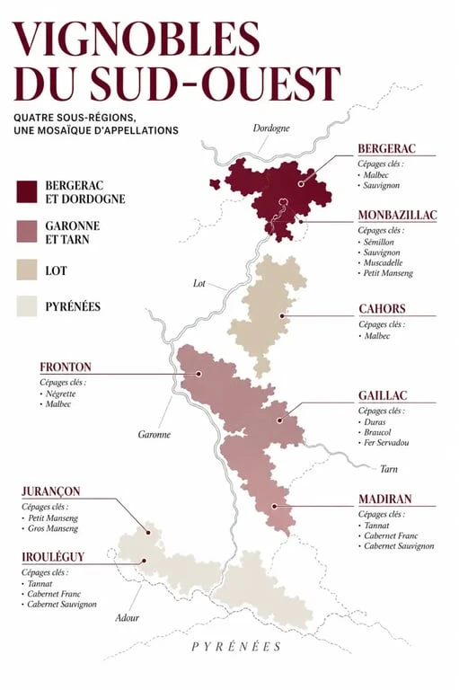 Vin du Sud-Ouest : carte éditoriale des sous-régions, cépages et appellations