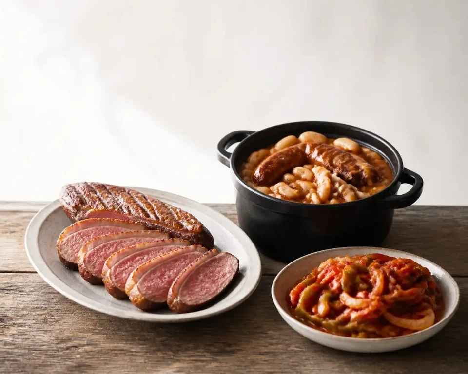 Plat du Sud Ouest : table gourmande avec magret de canard, cassoulet et piperade