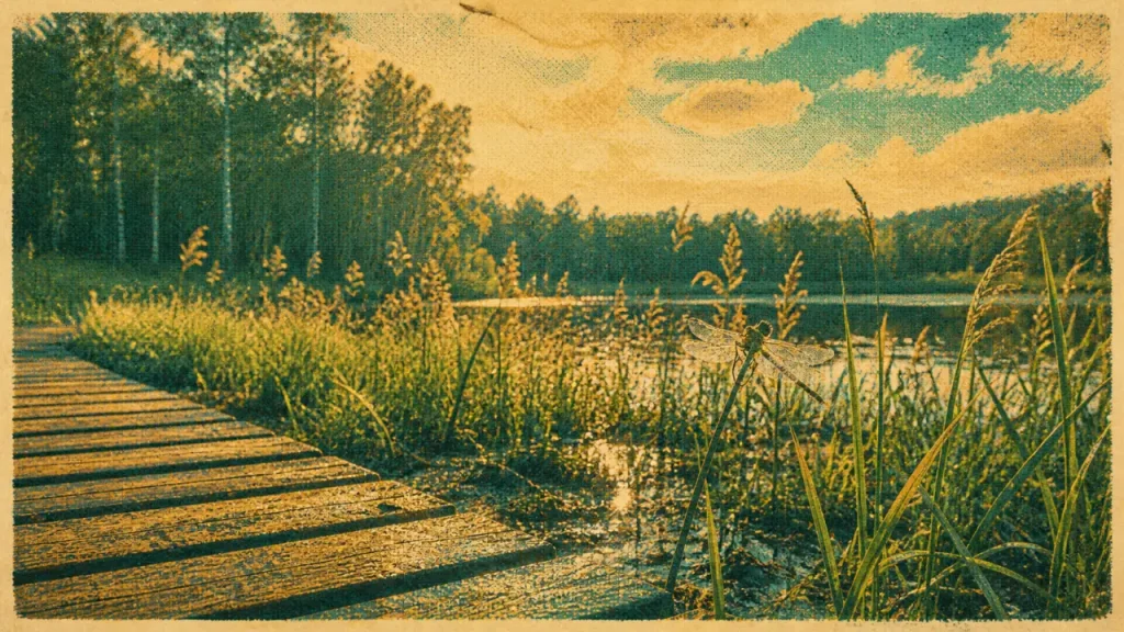 Espace naturel sensible du marais de Montfort : sentier sur caillebotis près d’une roselière