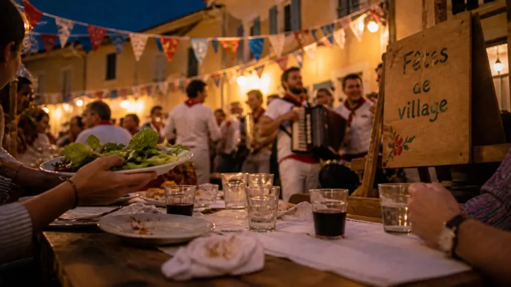 Table de fête pour fetes de villages landes, verres et assiettes sur une place de village