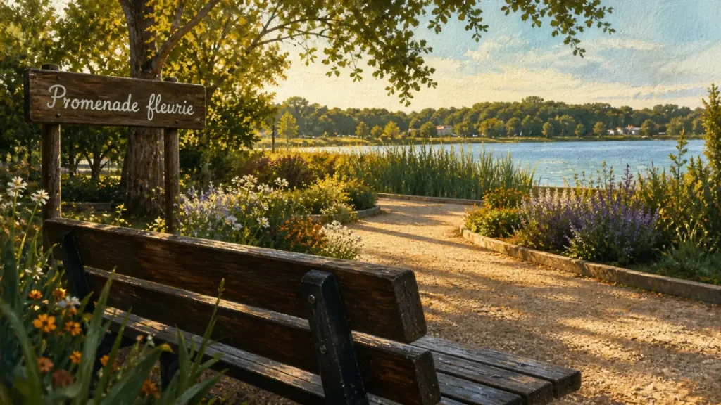 Jardin a visiter dans les landes : Promenade fleurie de Mimizan, banc et lac