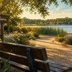 Jardin a visiter dans les landes : Promenade fleurie de Mimizan, banc et lac