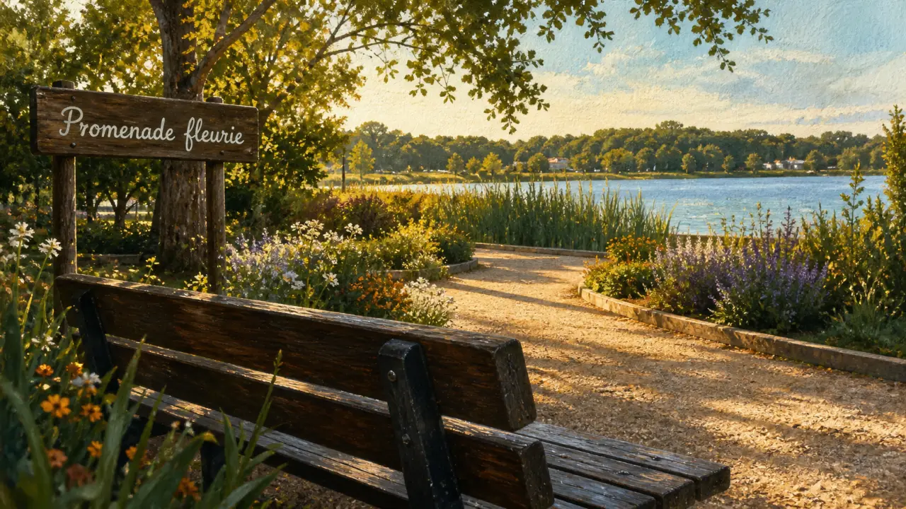 Jardin a visiter dans les landes : Promenade fleurie de Mimizan, banc et lac