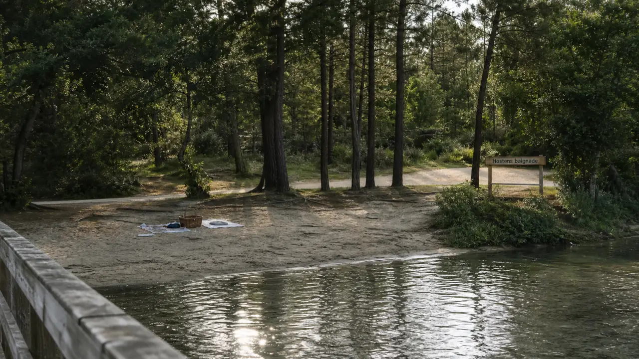Lac d'hostens baignade en forêt, eau calme et pins