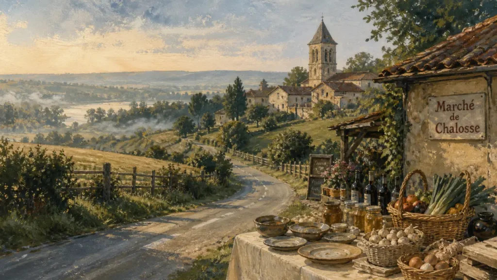 Landes Chalosse tourisme : coteaux et marché rural près de l’abbaye de Saint-Sever