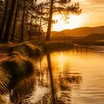 Les landes lieux a visiter : lac calme, route de sable et pins près du Courant d’Huchet