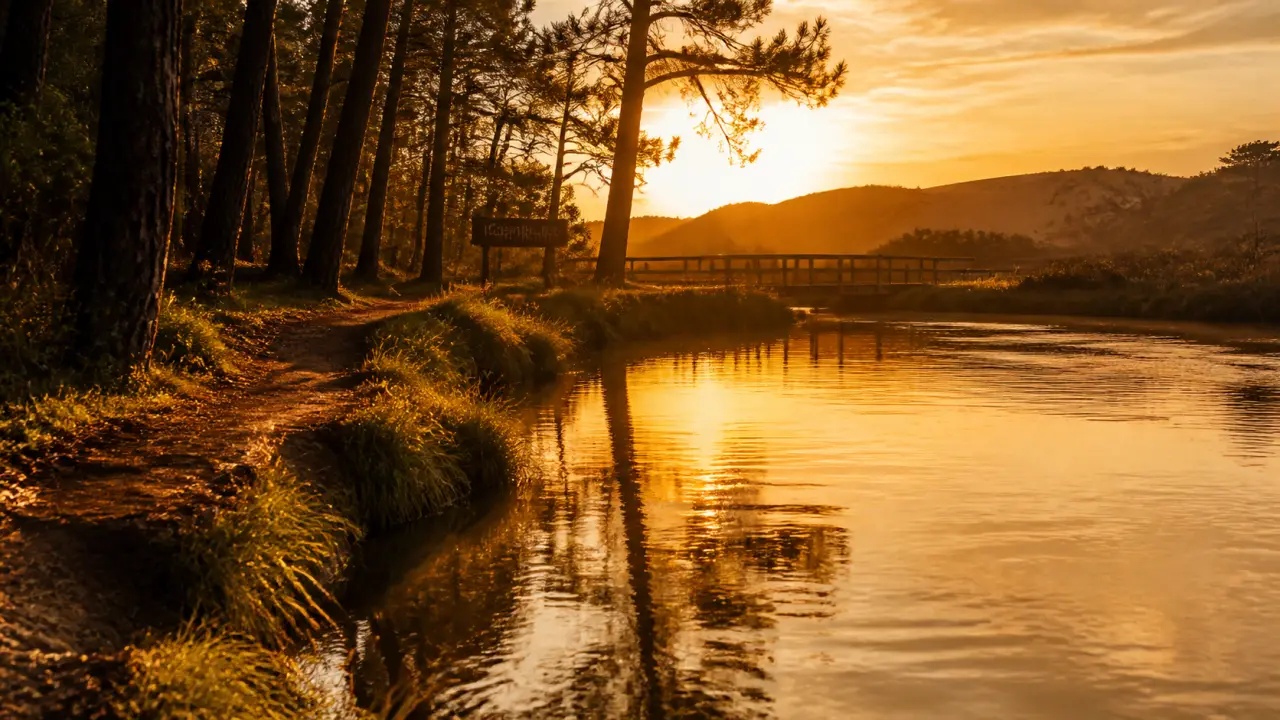Les landes lieux a visiter : lac calme, route de sable et pins près du Courant d’Huchet