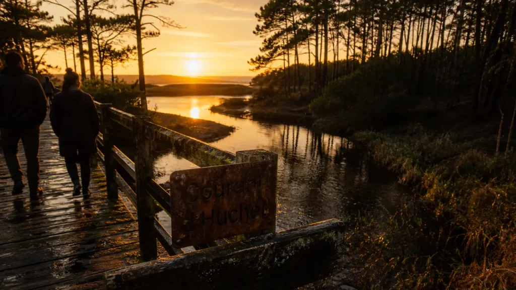 Lieu a visiter dans les Landes : Courant d’Huchet, passerelle et eau sombre