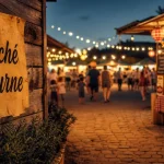 Marché nocturne Landes : stands et guirlandes sur place
