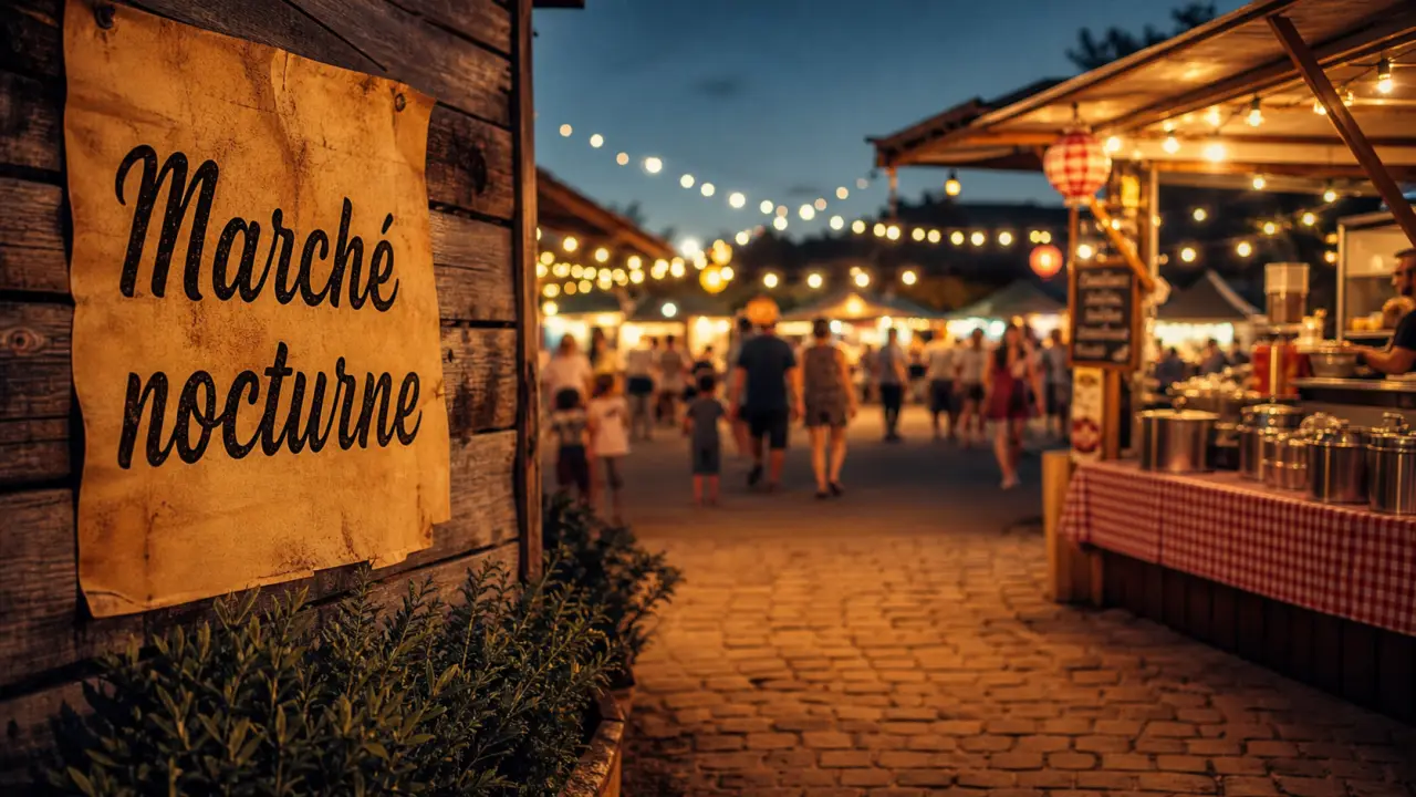 Marché nocturne Landes : stands et guirlandes sur place