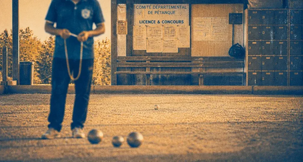 Pétanque landes : joueur avec cordonnet sur boulodrome