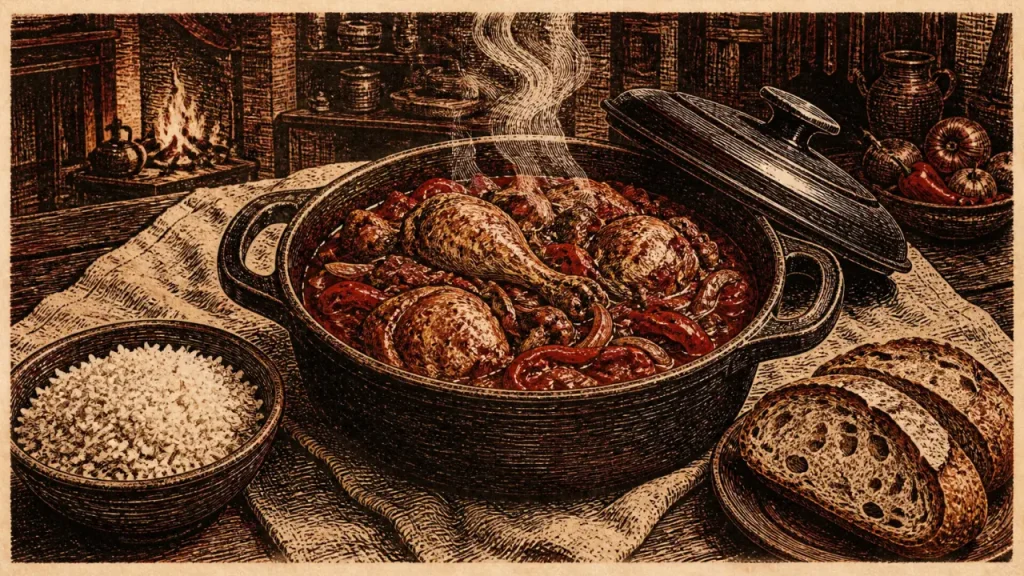 Plat sud ouest : canard basquaise en cocotte fumante, piment d’Espelette
