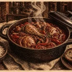 Plat sud ouest : canard basquaise en cocotte fumante, piment d’Espelette