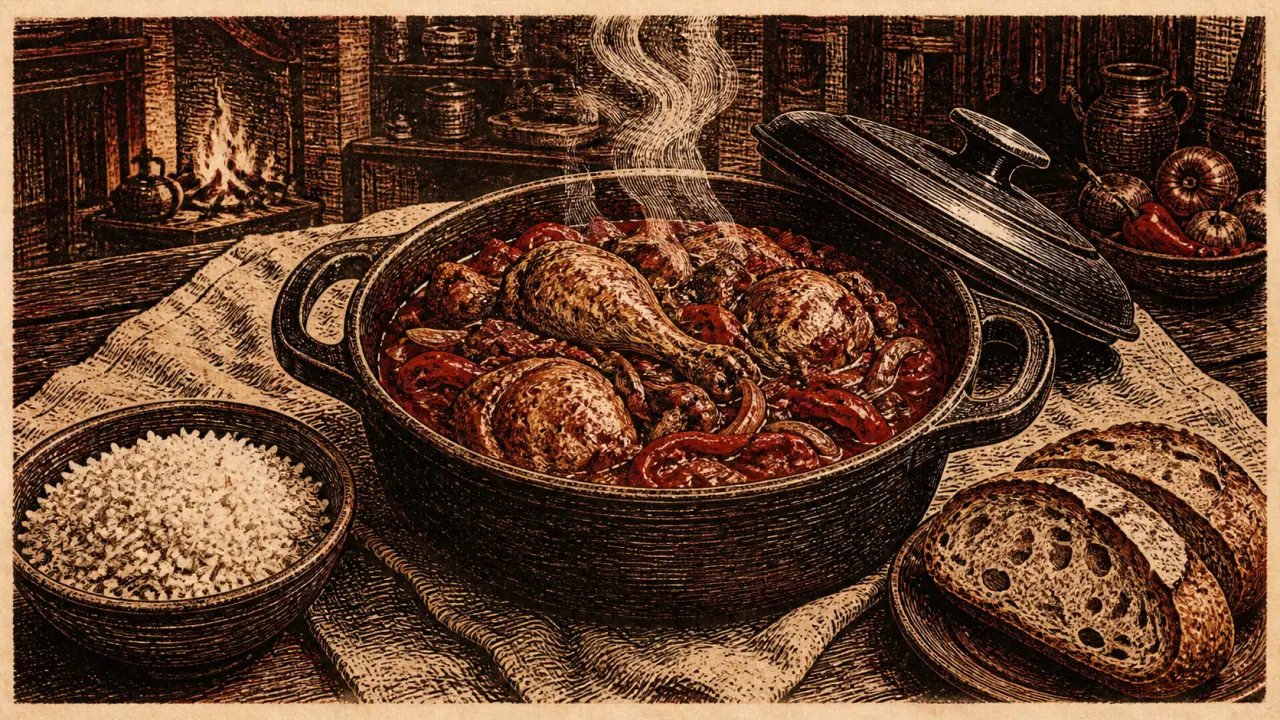 Plat sud ouest : canard basquaise en cocotte fumante, piment d’Espelette