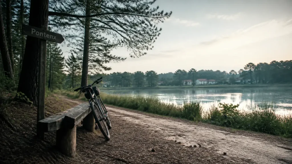 pontenx les forges : pinède landaise vers l’étang d’Aureilhan, banc et vélo au lever du jour