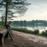 pontenx les forges : pinède landaise vers l’étang d’Aureilhan, banc et vélo au lever du jour