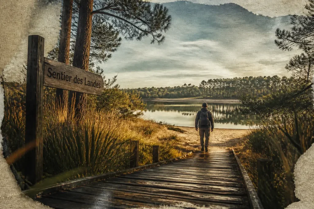 Randonnées landes : sentier pinède vers un étang, passerelle en bois