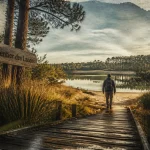 Randonnées landes : sentier pinède vers un étang, passerelle en bois