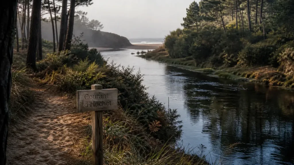Site a visiter dans les landes : sentier vers le Courant d’Huchet et océan au loin