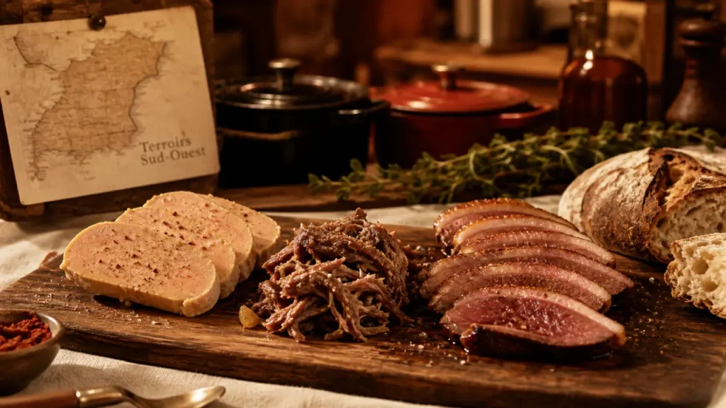 Spécialités sud ouest : canard, piment d’Espelette et foie gras sur table