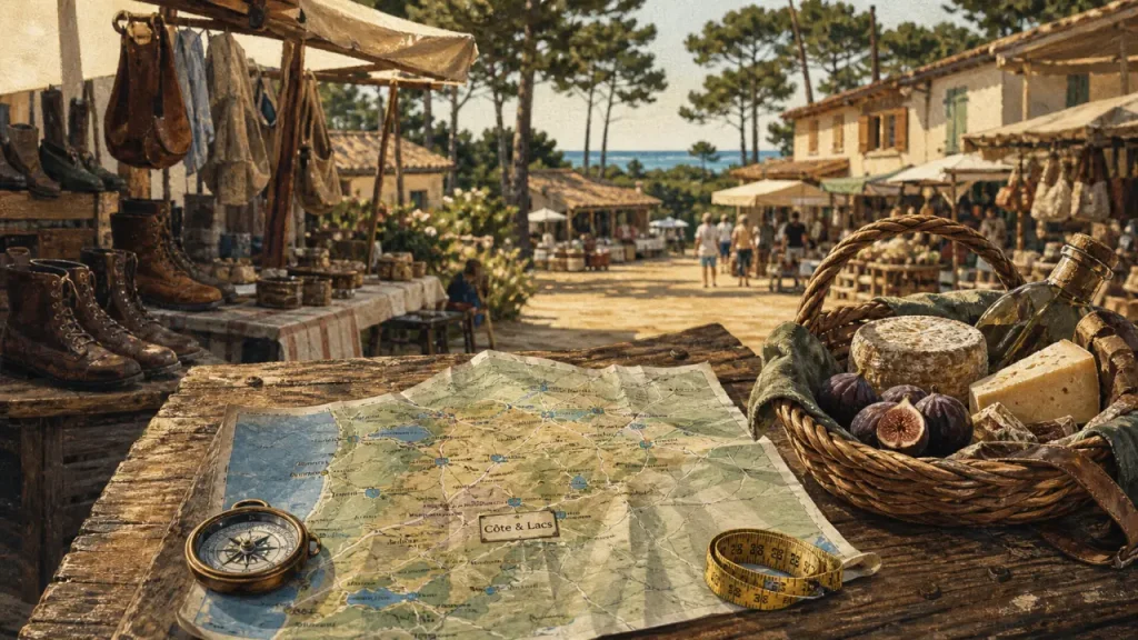 Tourisme Landes : carte, marché et océan derrière les pins