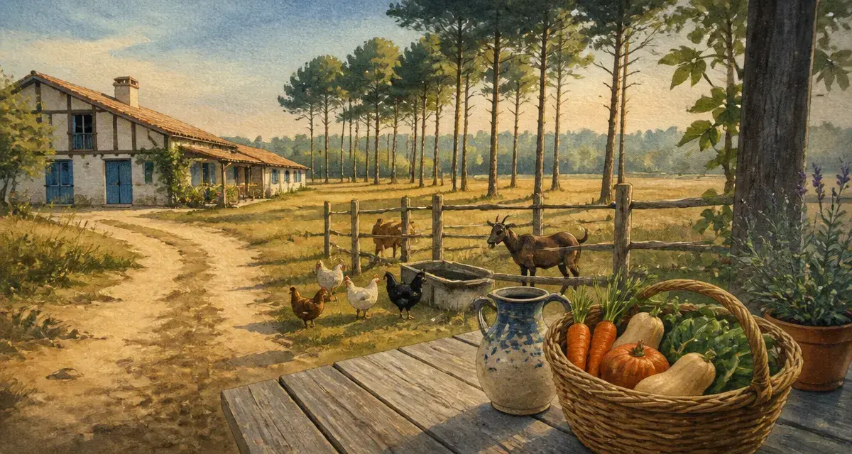 Vacances à la ferme landes : animaux près de chalets et prairies