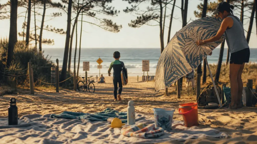 Vacances dans les Landes en famille : enfant sur plage surveillée, sable et parasol