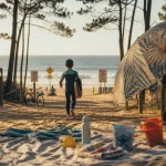 Vacances dans les Landes en famille : enfant sur plage surveillée, sable et parasol