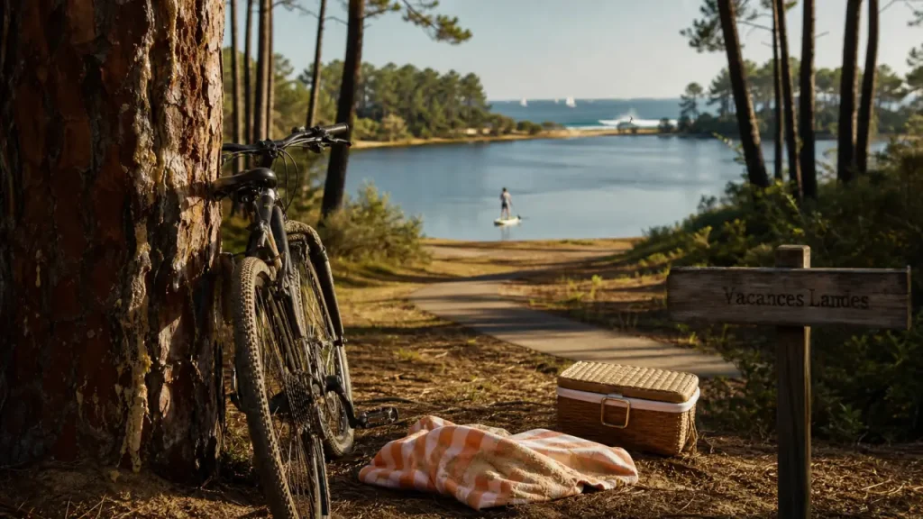 Vacances dans les landes bord de mer : vélo en pinède, sable et océan au loin