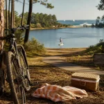 Vacances dans les landes bord de mer : vélo en pinède, sable et océan au loin