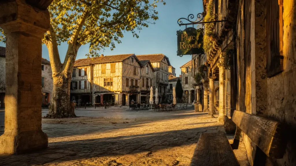 Village médiéval landes, bastide à arcades à Labastide-d’Armagnac, place Royale au golden hour