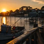 Capbreton, villes a visiter dans les landes : port et estuaire dorés au coucher du soleil