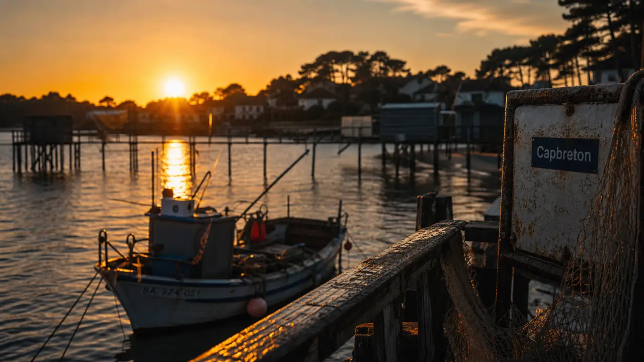 Capbreton, villes a visiter dans les landes : port et estuaire dorés au coucher du soleil