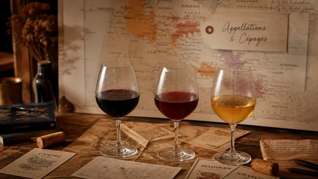 Vin du sud ouest : verres de dégustation et carte des appellations pour lire l’étiquette
