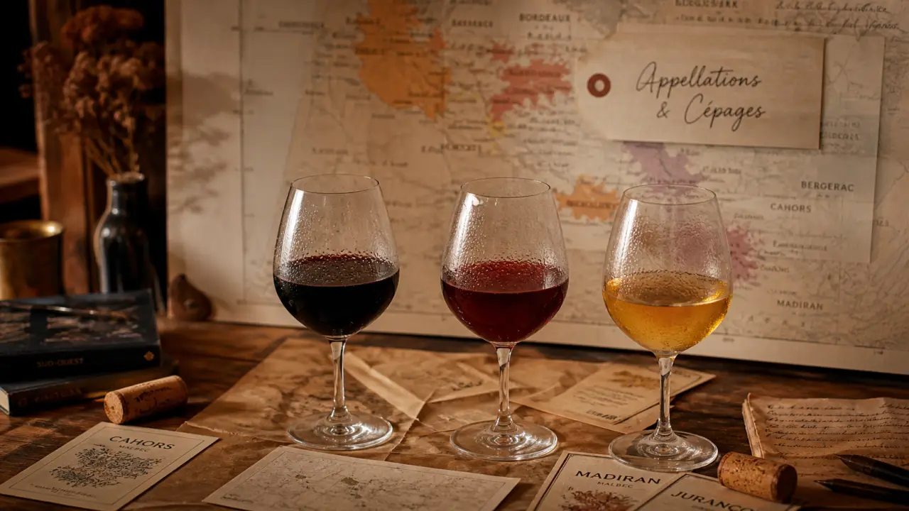 Vin du sud ouest : verres de dégustation et carte des appellations pour lire l’étiquette